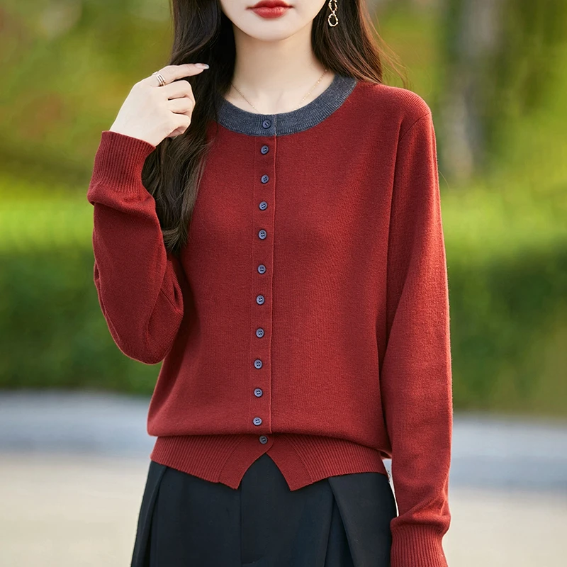 Classic Wool blend Cardigan Women Knitted Fashion Sweater O-Neck Collar splicing Single breasted decoration High Quality Tops