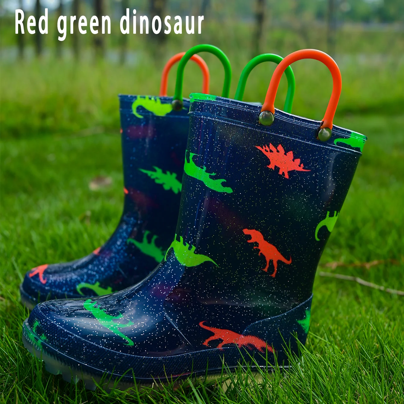 Kids’ Outdoor Cute Cartoon Dinosaur Glitter PVC Rain Boots with handles - Waterproof Anti-slip Water Shoes - Wear-Resistant, Eas