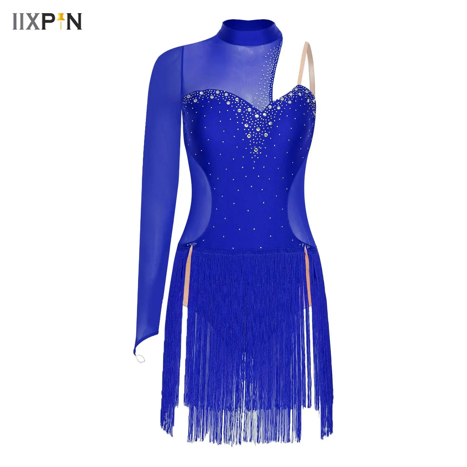 

Women's Lyrical Dance Leotard Dress Sheer Mesh Cutout Back Sparkling Rhinestone Asymmetrical Fringed Dress Latin Tango Dancewear