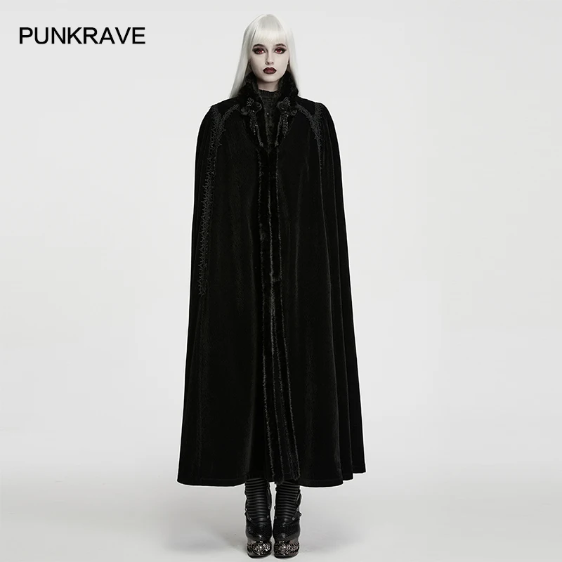PUNK RAVE Women's Gothic Tree-patterned Flat Velvet Eco-friendly Wool Dark Night Noble Cloak Mystery Party Club Gorgeous Coat