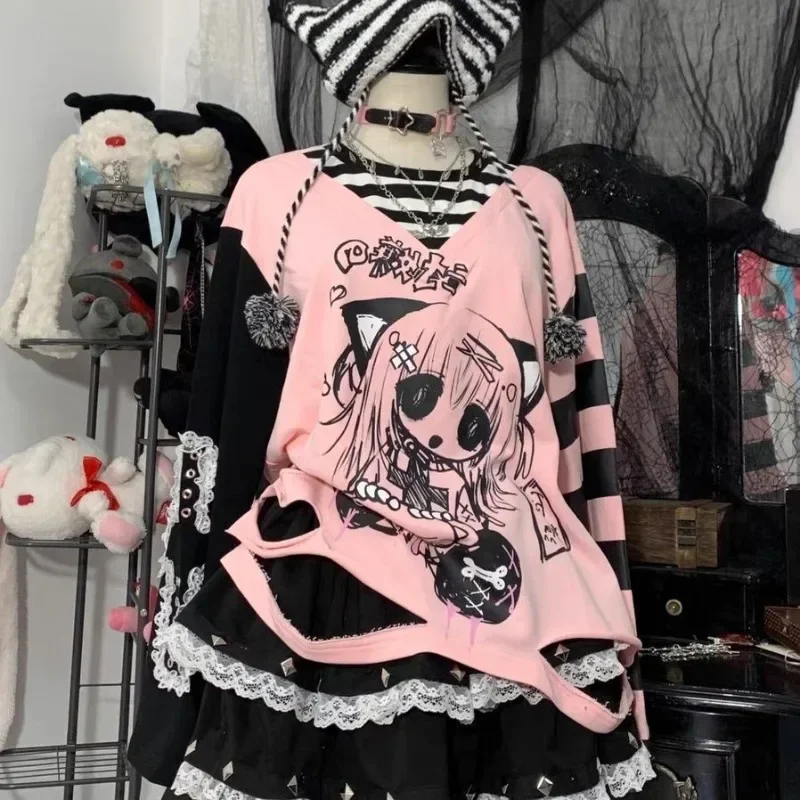 Japońskie Harajuku łączone paski fałszywe zestawy dwuczęściowe Y2k estetyczna odzież uliczna Casual luźny nadruk bluzy w stylu Vintage Punk topy