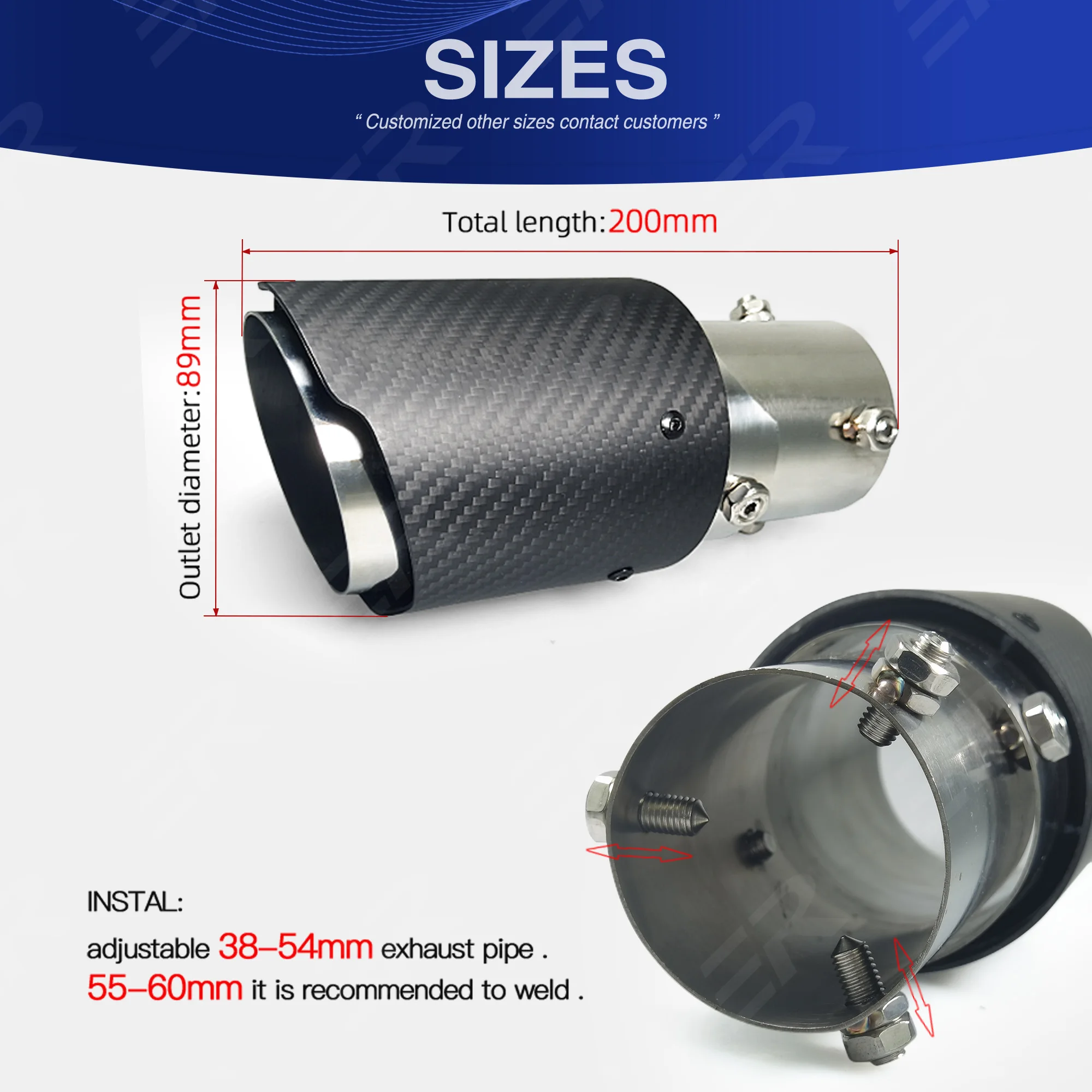 1pcs ER Real carbon fiber Exhaust pipe Adjustable 38-54mm inlet Angle automobile exhaust tip muffler tail throat Modify