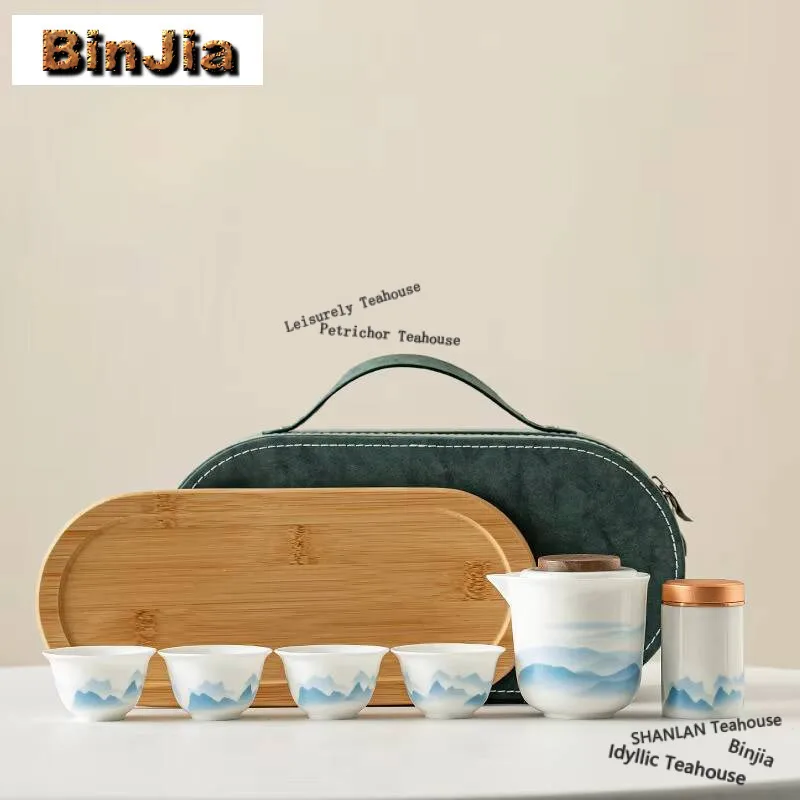 

Portable Ink Wash Landscape White Porcelain Tea Set Kit Zen 1 Pot 4 Cups Tea Board Caddy Travel Tea Maker Picnic Organizer Bag