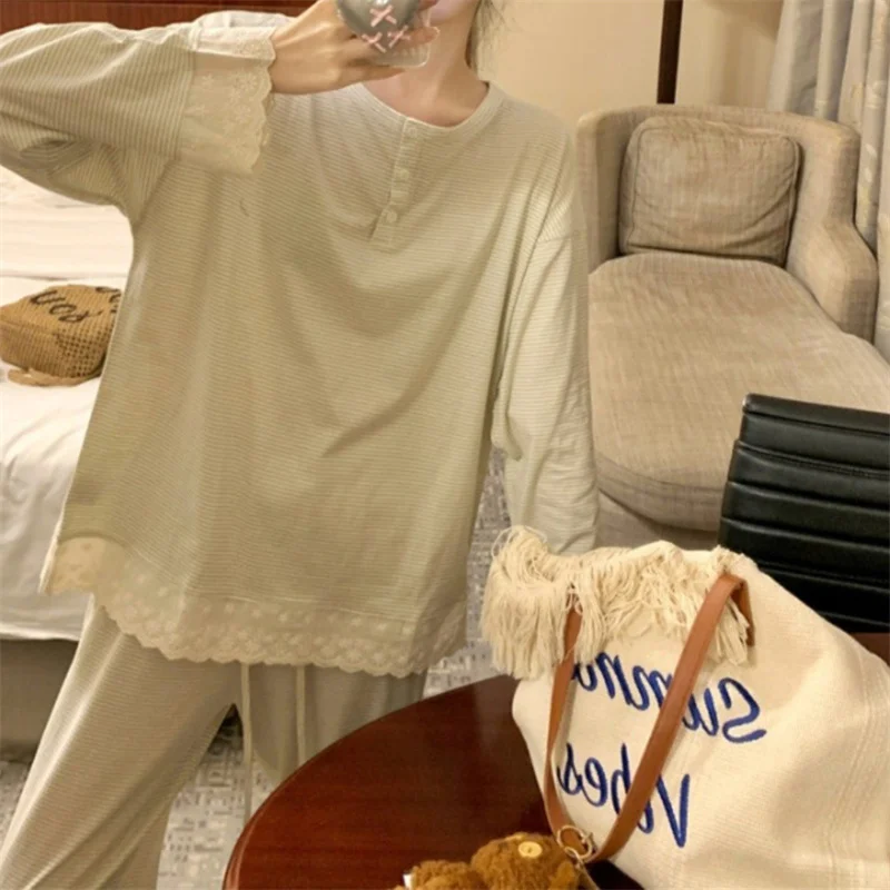Pajama Women Autumn Winter Long sleeved Pants Set Korean Sweet Lace Casual Striped Home Suit Two-piece Sleepwear Pijama Mujer