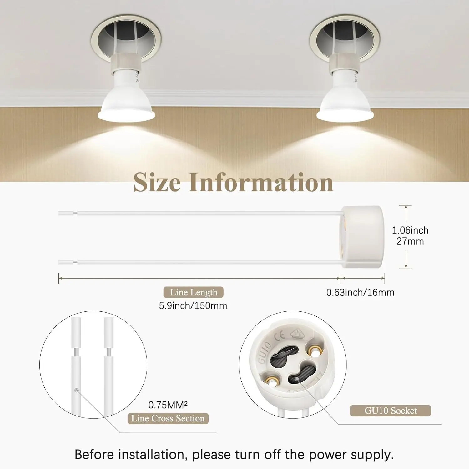 GU10 Base Socket, 600℃ Heat Resistant Maximum 250V 300W, Ceramic Lamp Holder and Silicon Wire Connector 12 Packages