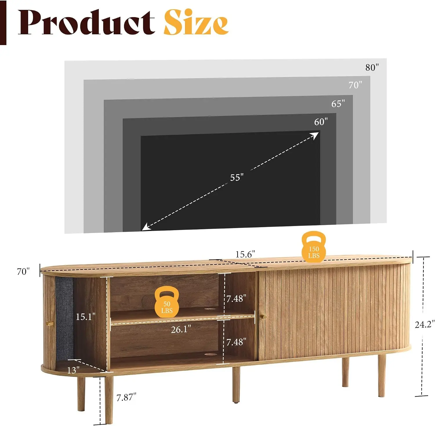 Mid Century Modern Fluted TV Stand Natural Oak Entertainment Center Solid Wood Leg Multiple Storage Compartments Spacious Tablet