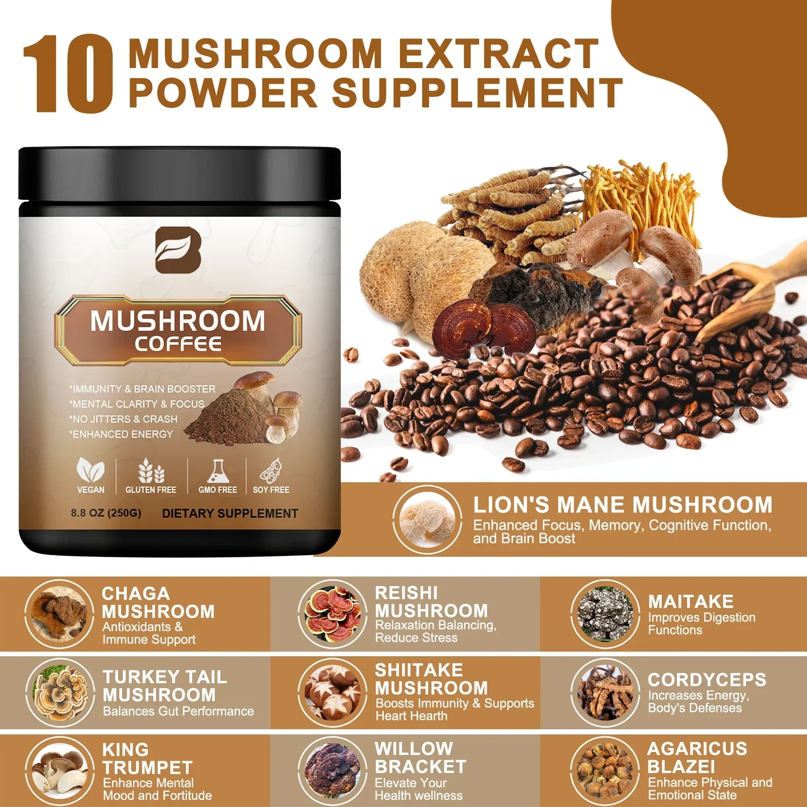 WITH STAINLESS STEEL SPOON 100% Mushroom Coffee