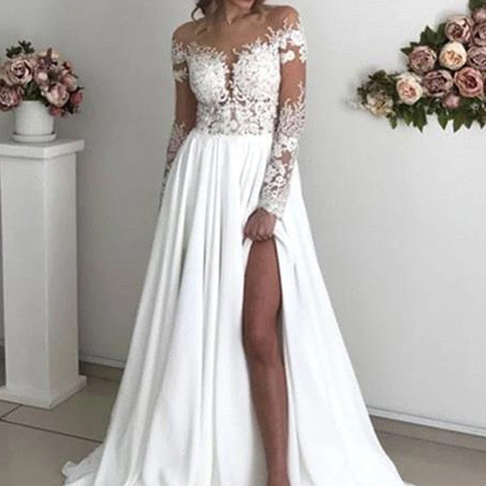 Elegante Spitze mit hoch geteilten Brautkleid ern Schatz A-Linie Chiffon Applikationen einfache Boho lange Vestidos de Noiva Brautkleider