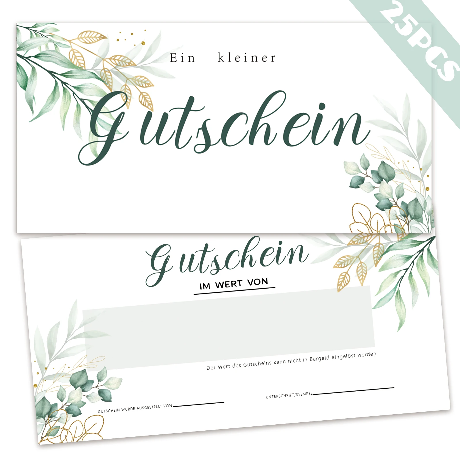 25 قطعة من القسائم الفارغة، تصميم نمط أوراق الأوكالبتوس، ألوان مائية وأوراق الأوكالبتوس الذهبية، قسائم هدايا للعملاء،