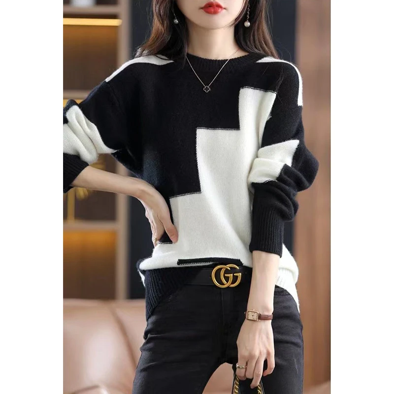 Autumn Winter Contrast Color Pullover Sweater Lady Loose Casual Fashion All-match Knitting Jumpers Ladies Oversized Bottomed Top