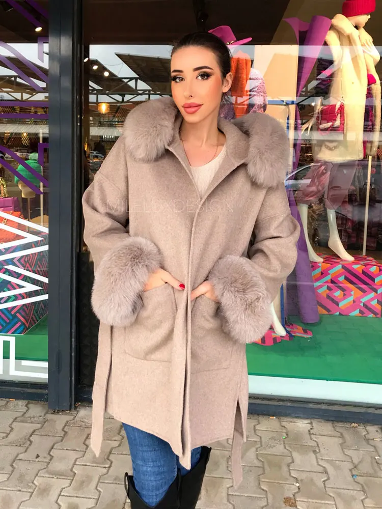 

2022 Real Fur Coat Ladies Casual Outerwear Winter Jacket Women Natural Fox Fur Collar Hood Cashmere Wool Woolen Overcoat
