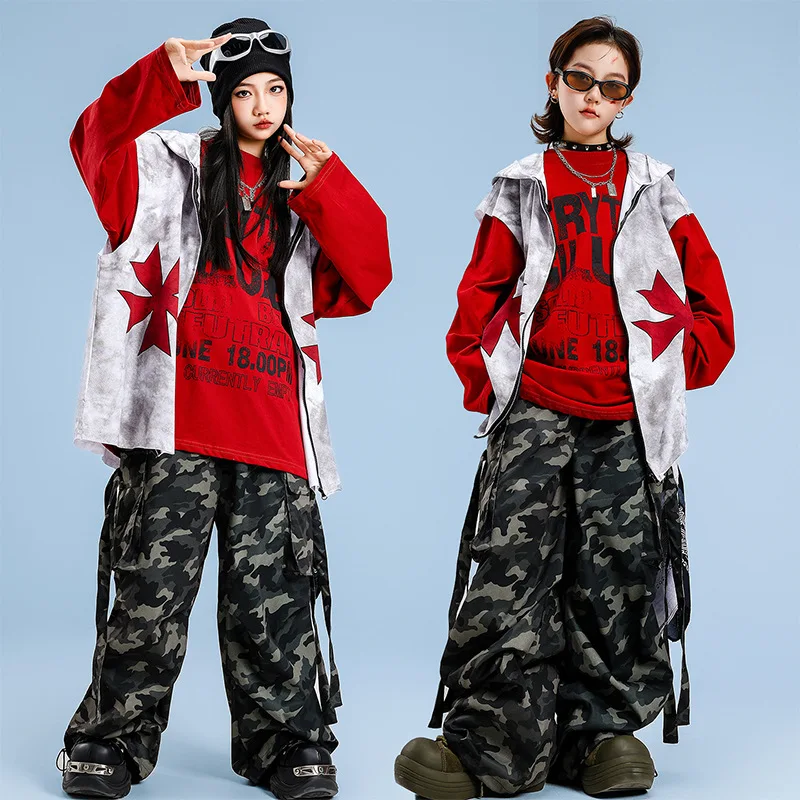 Abbigliamento Hip Hop Kpop per bambini Gilet con cappuccio bianco grigio Top Camo Street Stap Pantaloni cargo per paracadute per ragazza Ragazzo Costumi di danza Vestiti