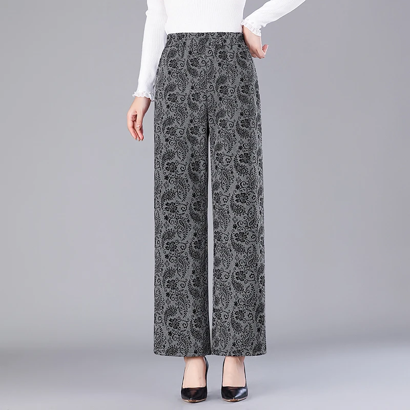 Calças de impressão femininas de outono cintura elástica calças de escritório casuais plus size