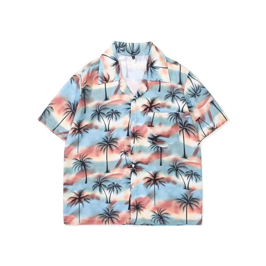 Hawaiian Landscape Plant Print Men's Short Sleeved Shirt Loose Travel Trend Short Sleeved Shirt