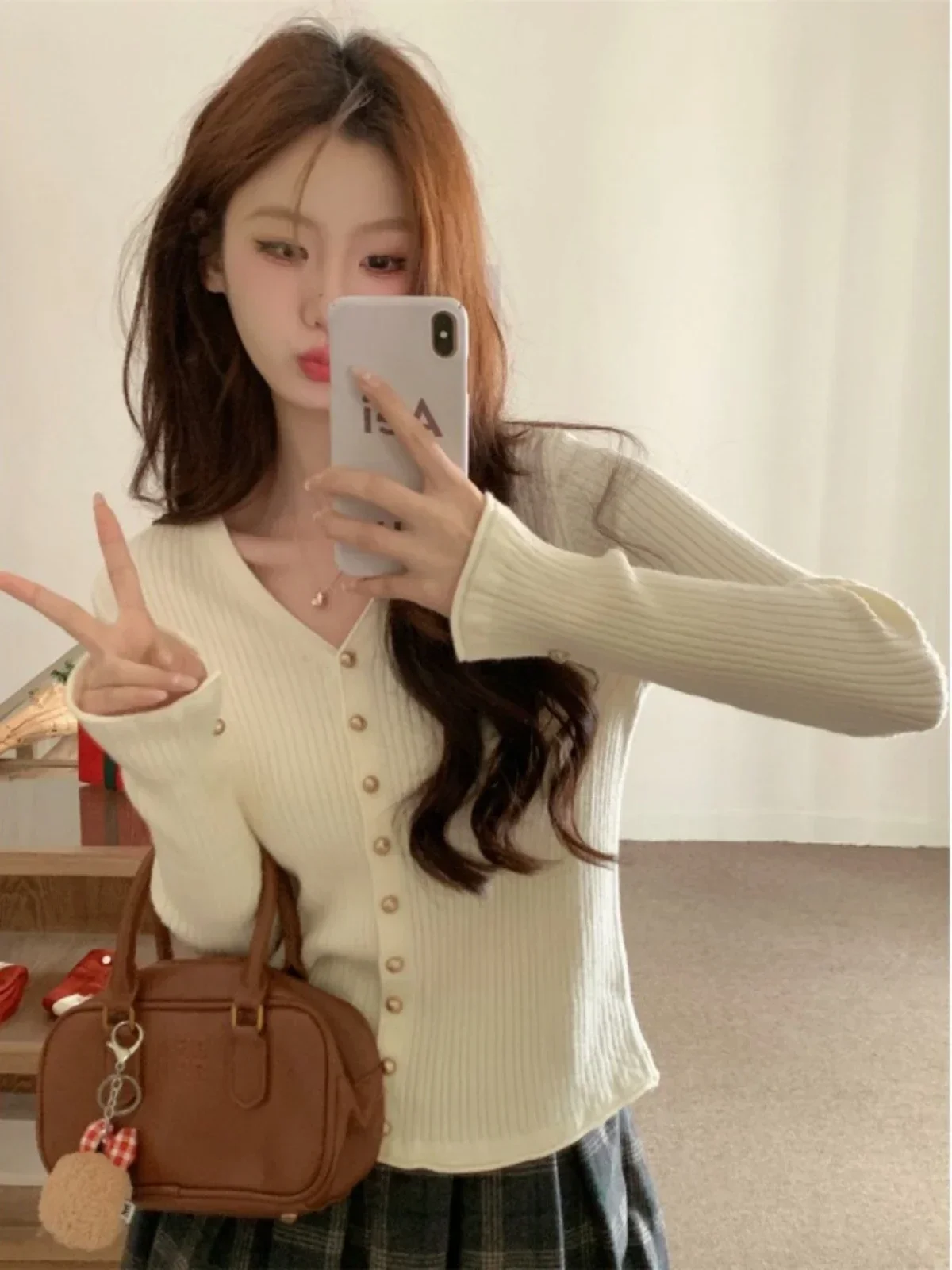 V-neck Knitted Cardigan Women Slim Casual Sweet Girls Streetwear All-match Korean Style Gentle Temper Minimalist Ulzzang Daily