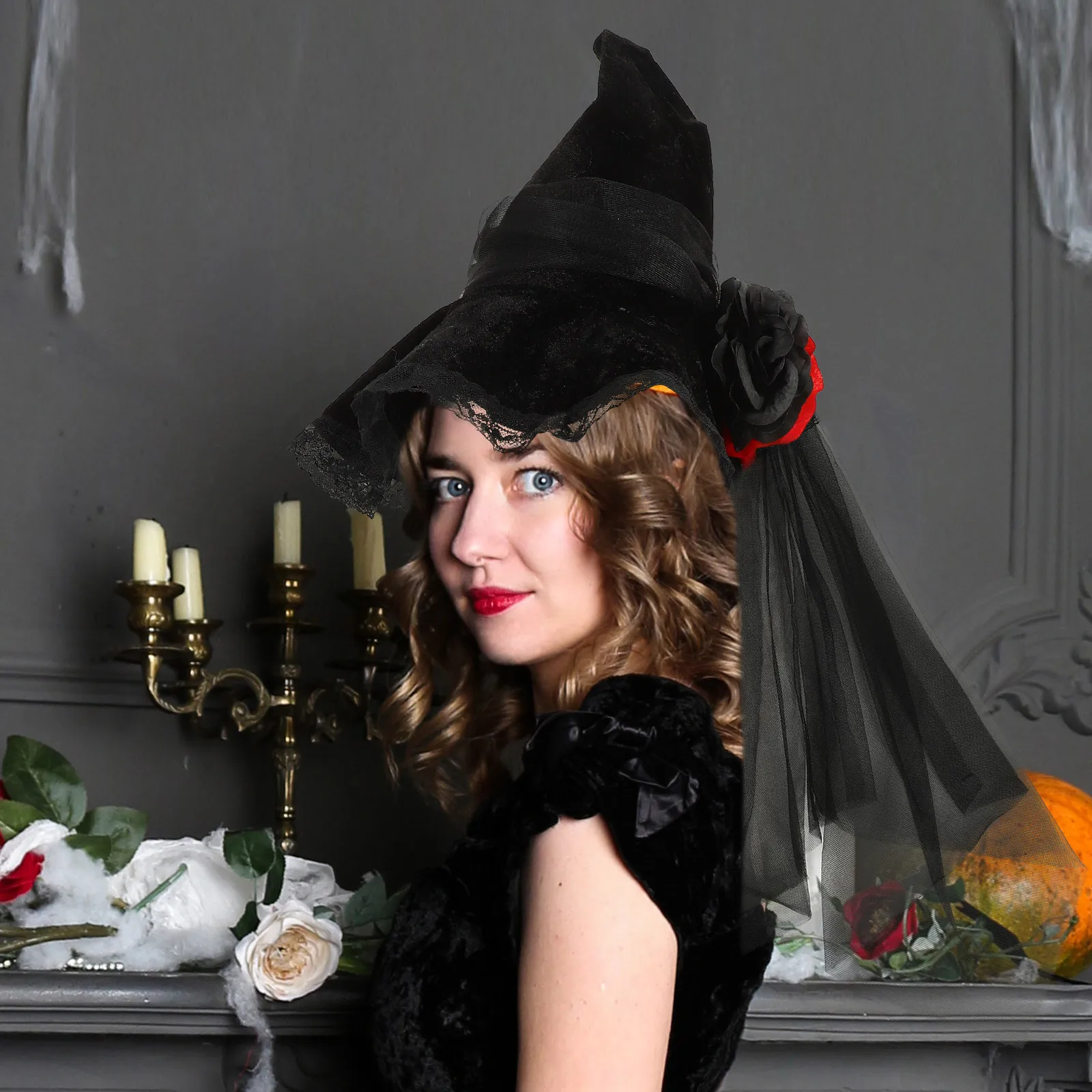 

Gauze Witch Hat Halloween Party Accessory Artificial Flower Decor Stylish Cosplay Headpiece Portable Festival Adornment