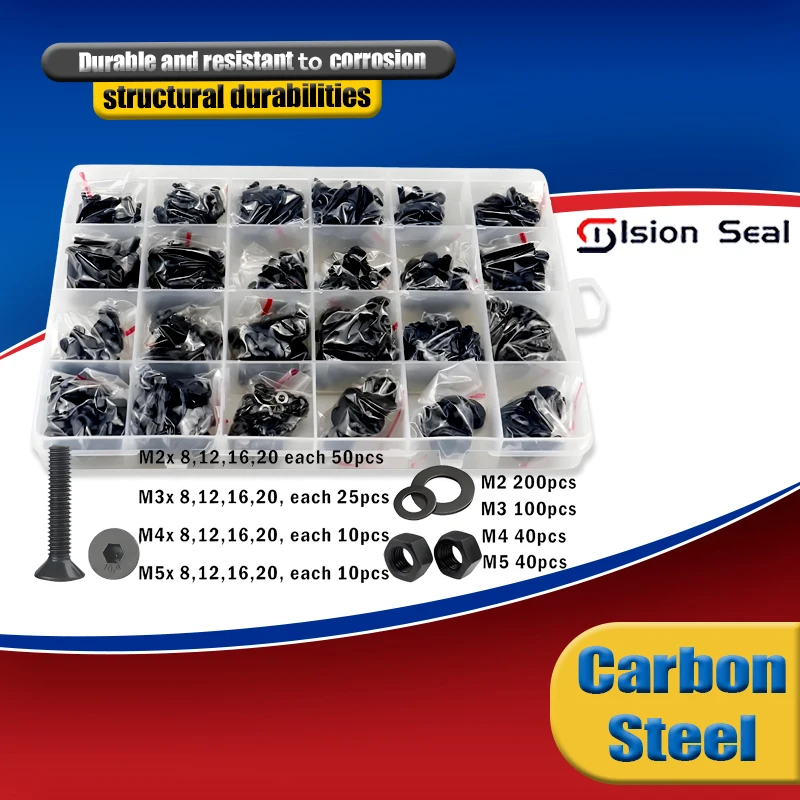 M2 M2.5 M3 M4 M5 Grade 10.9 Steel Black Hex Hexagon Socket Flat Countersunk Head Screw Allen Key Bolt Nut Washer Set Kit