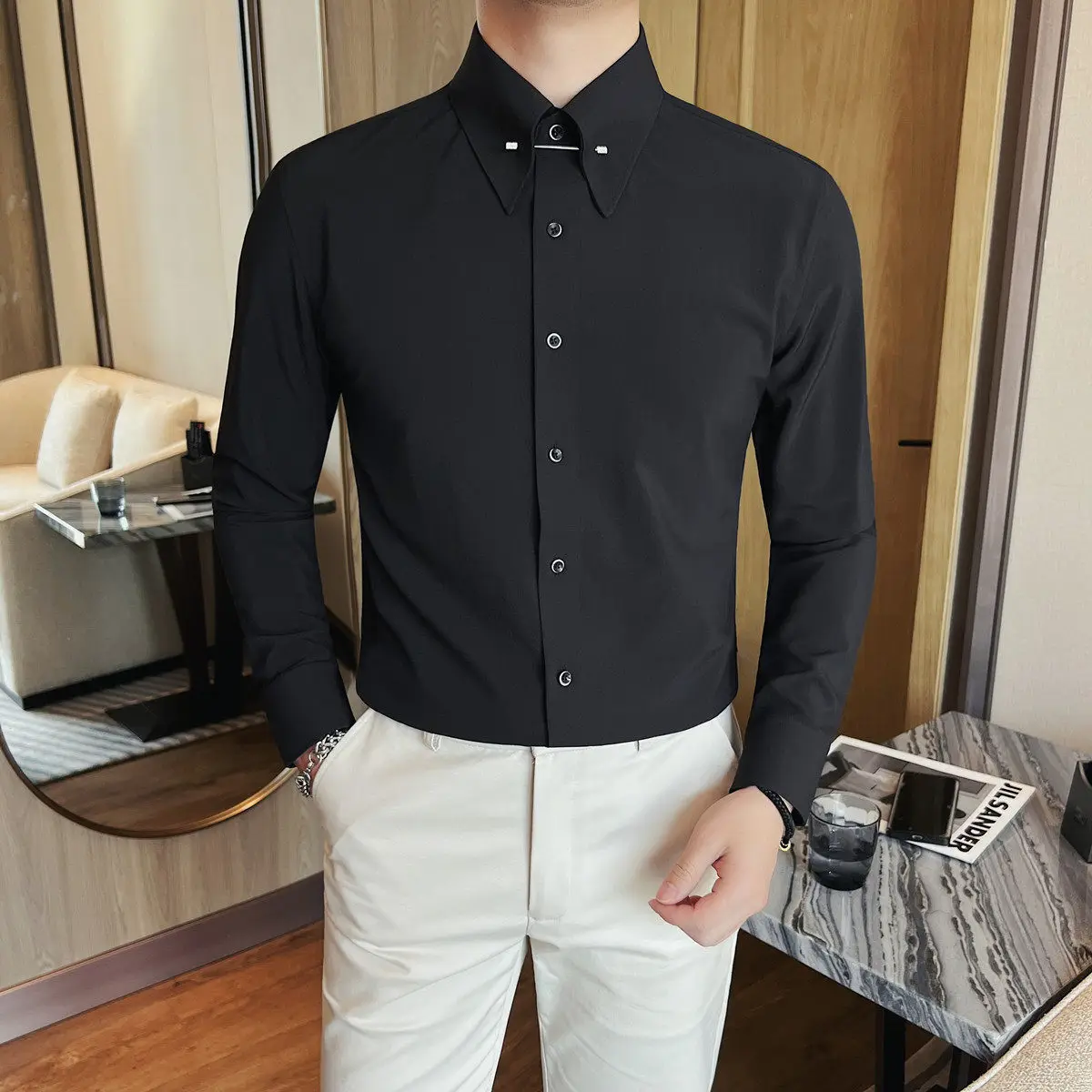 

Men Business Shirt Long Sleeve Solid Black White Formal Dress Shirt Slim Metal Pin Collar Design Office Work Wear Male Camisa