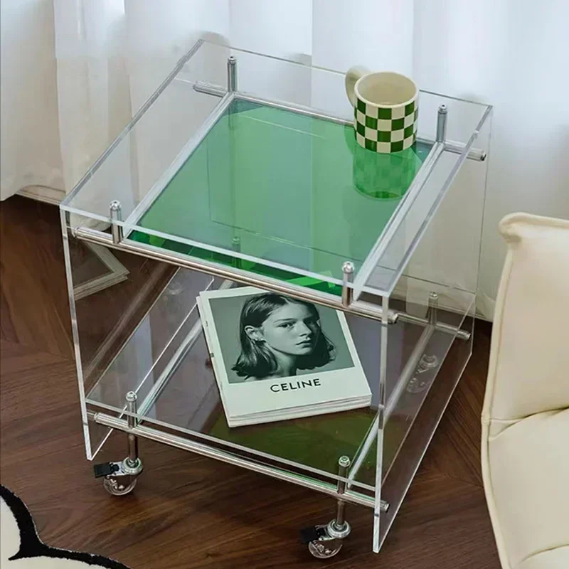 Ins Style Coffee Table Acrylic Tea Table for Living Room Glass Side Table Storage Cabinet Trolley with Wheels Home Furniture