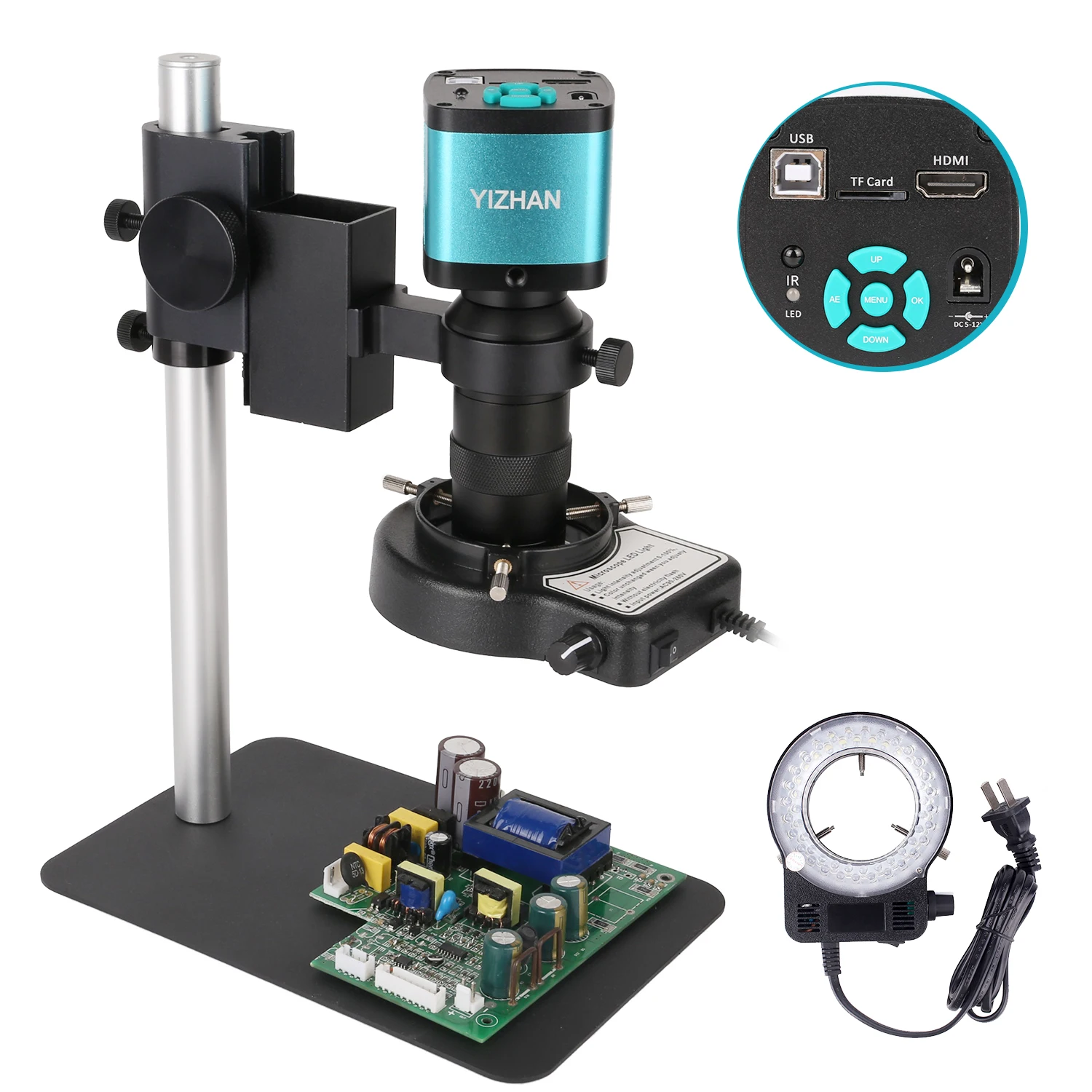 48MP 38Mp 4K 2K HDMI USB Industrial Digital Video Microscope Camera Zoom 130X C-Mount Lens LED Ring Light For Repair Soldering