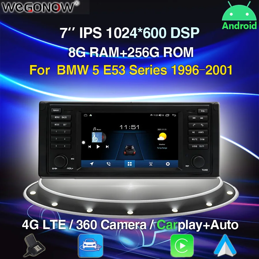 Radio para Auto de 7" para BMW Serie 5 E53 1996-2001, Carplay, Android 12.0, Reproductor de DVD para Auto con Pantalla IPS, GPS, WIFI, Bluetooth 5.0, RDS