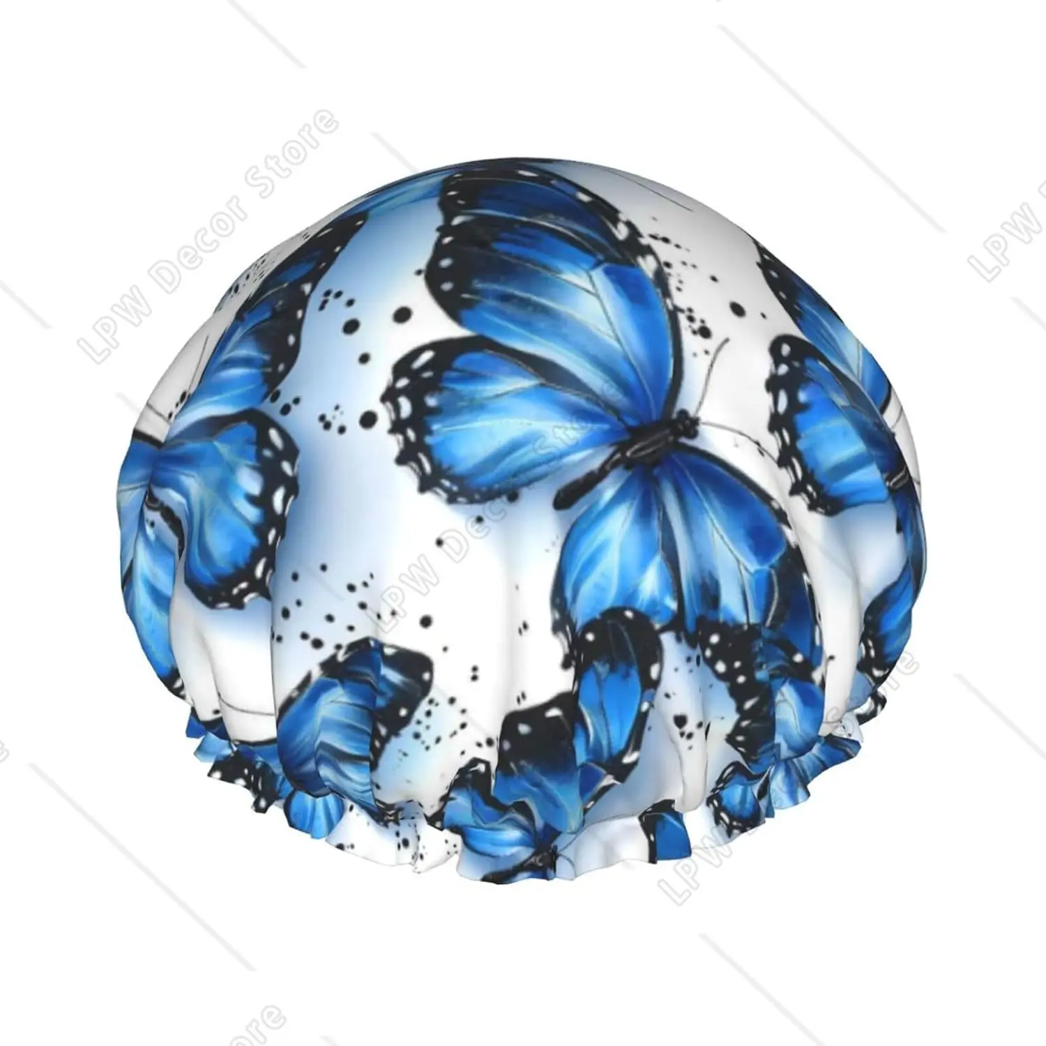 

Beautiful Blue Butterfly Print Shower Caps for Women Waterproof Double Layers Bath Caps with Elastic Reusable Shower