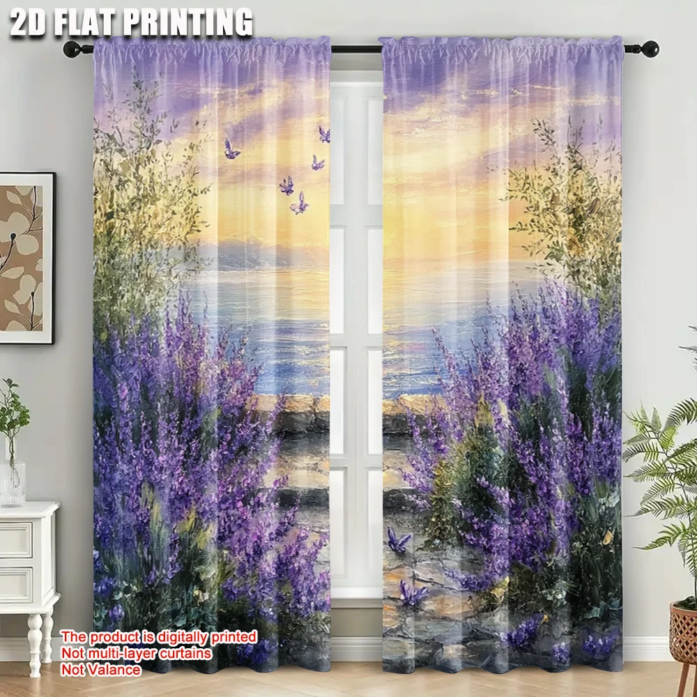 2pcs, Popular Curtain Panels 2D plane printing Lavender Sunset Coast 100% Polyester (without rod) Decorations Clearance Ldeal