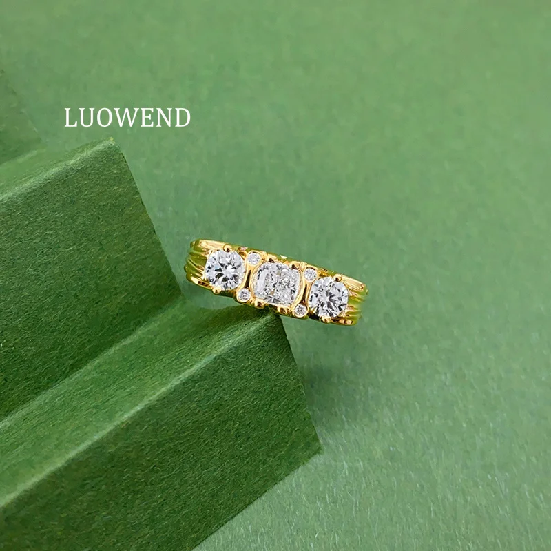 LUOWEND 100% 18K Yellow Gold Rings Luxury Simple Style Real Natural Diamond Engagement Ring for Women High Party Jewelry