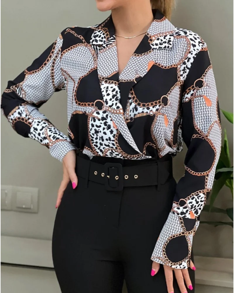 

Women Elegant Notched Lapel Long Sleeve Wrap Front Blouse With Chain Leopard And Monogram Print For Office Wear And Daily Street
