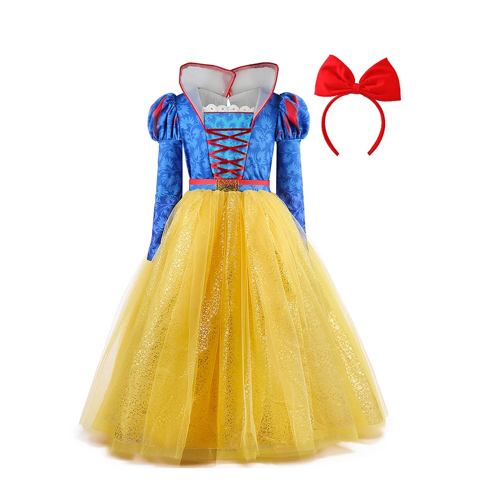 Teen Girls Carnival Dress with Headband Snow and White Princess Movie Luxury Ball Gown Dressup for Girl Birthday Carnival Party