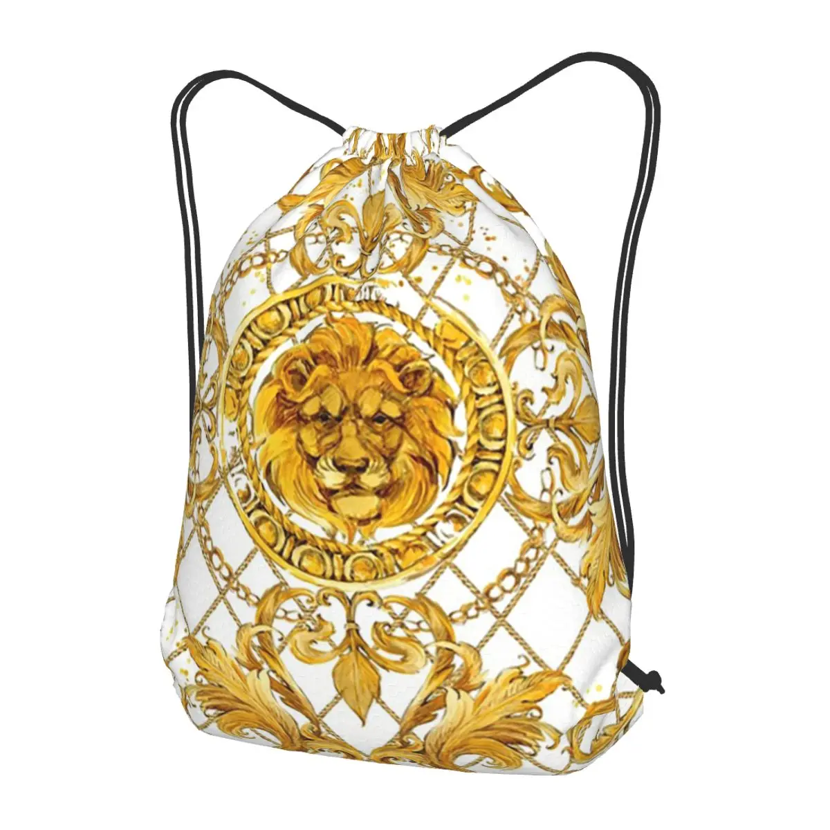Golden Lion Baroque And Damask Ornament Backpacks Casual Drawstring Bags Sports Bag Book Bags for Travel Students