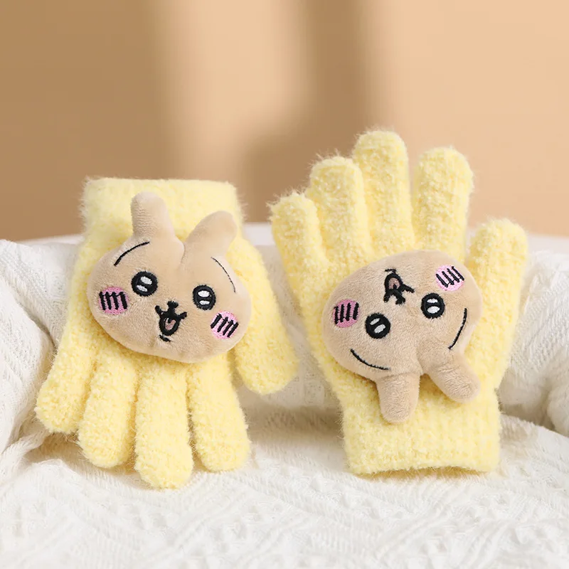 MINISO CHIIKAWA-Gants de dessin animé pour enfants, tricotés, chauds et froids, 5 doigts, rabat fendu, polaire épaissie