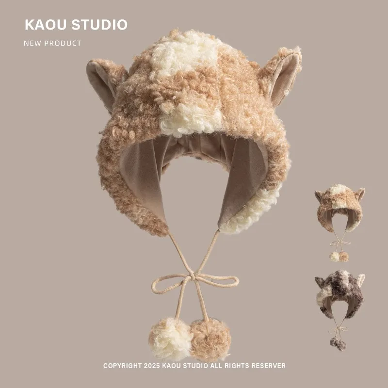 

Ins милые плюшевые шапки-бомберы с овечьими ушками для женщин, зимние путешествия, теплая защита ушей, универсальная пуловер с маленьким ремешком для лица