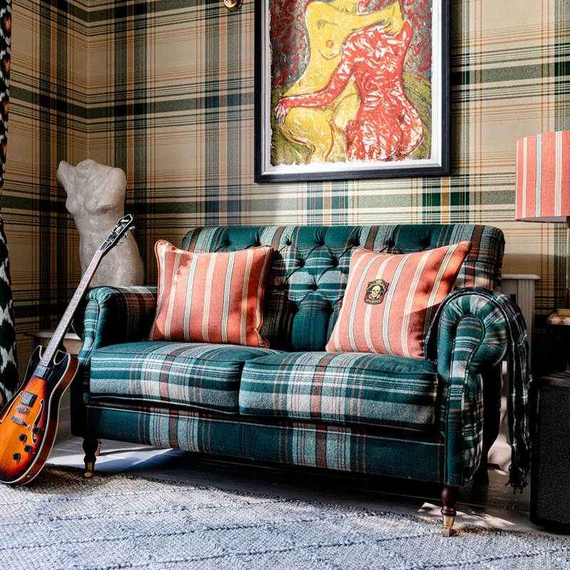 

American retro dark green plaid fabric small apartment living room French medieval buckle high back bedroom double small sofa