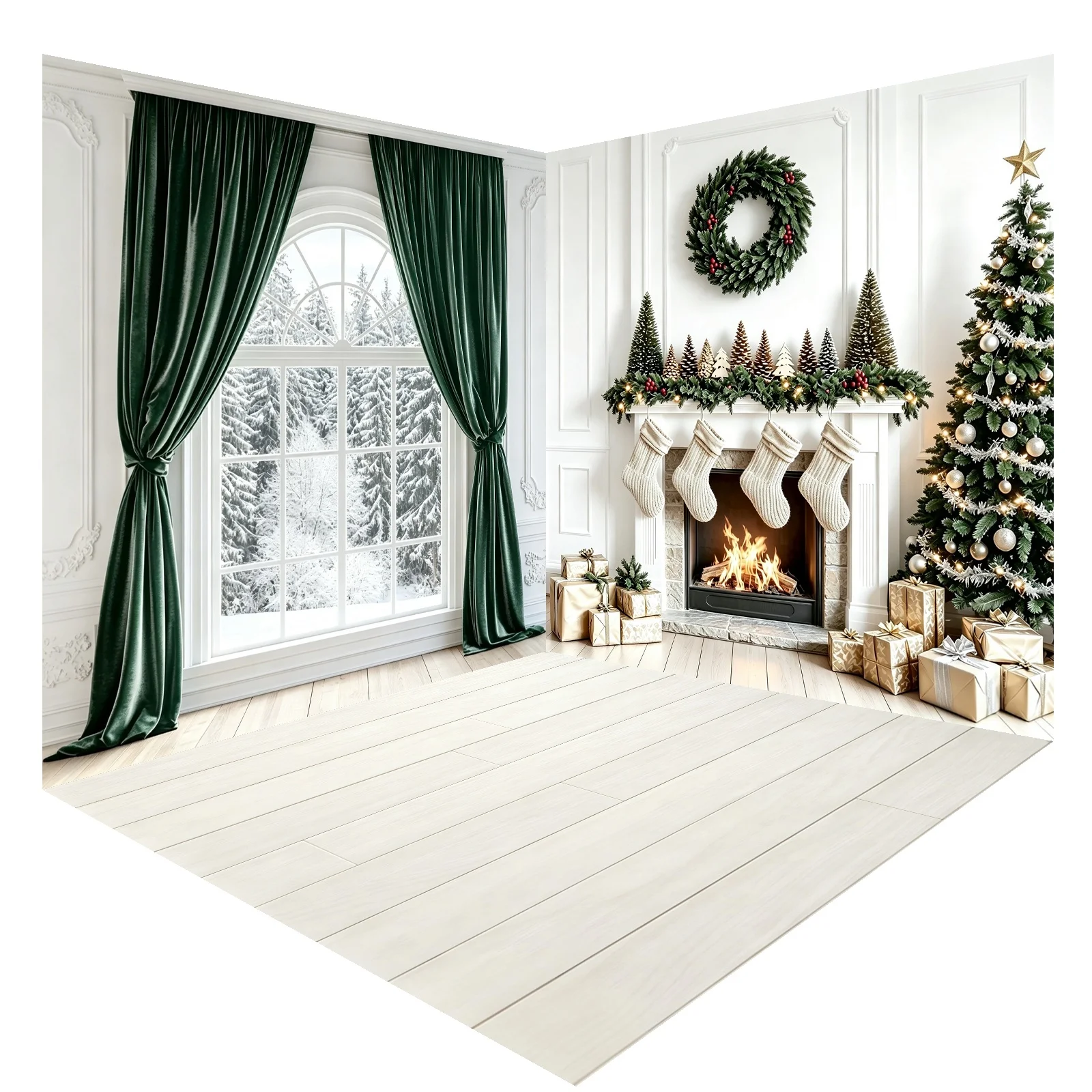 Mehofond Vintage Christmas Photography Fireplace Gift Box White Socks Dark Green Curtains Holiday Portrait Background Decoration