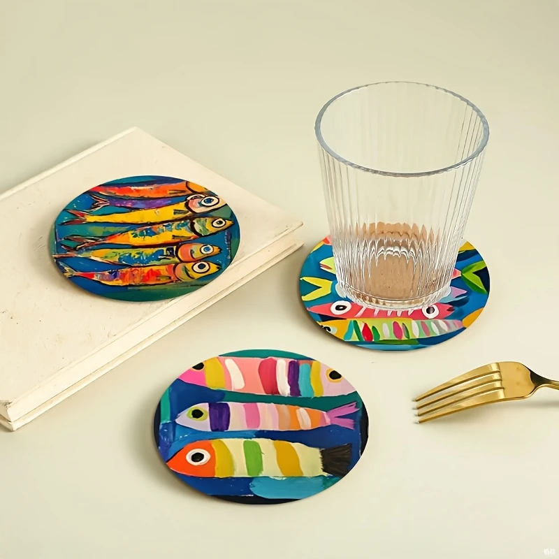 2D Colorful Wooden Circular Coaster with Cartoon Sardine Pattern Ideal for Holiday Parties Home Decor Children Students Gifts