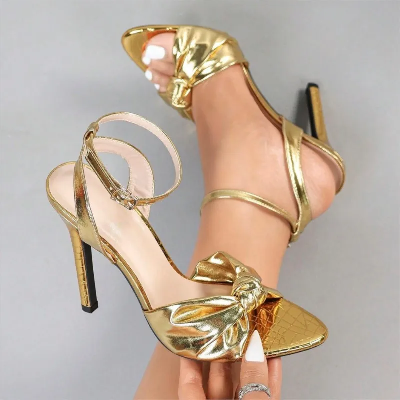 Round-toe irregular stone-patterned knotted one-piece strap high-heeled sandals for women, elegant gold high-heeled shoes