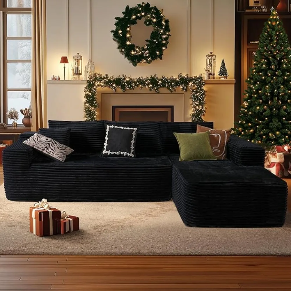 

104" Cloudy Sectional L Shaped Couch,Modular Comfy Sofa with Deep Seat & Sleeper Chaise,Black Plush Corduroy Living Room Sofas.