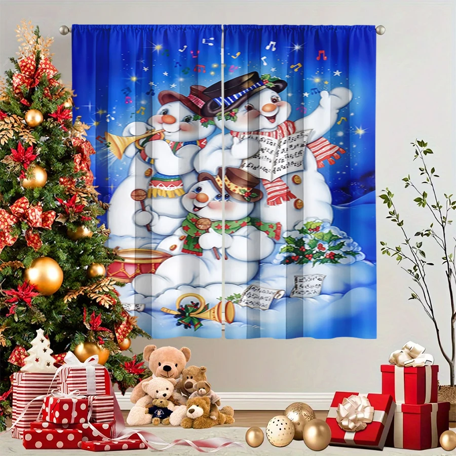 2PCS Christmas Winter Curtains, Snowman Band Music Note Star Blue Cute, Digital Print, Bedroom Living Room, Home Decor