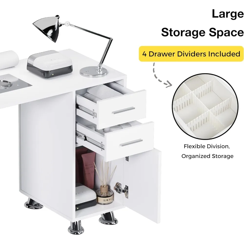 Nagelstudio-Arbeitsplatz mit Staubsammler, Handgelenkstütze, Schubladen und Schrank in Weiß, acrylbeständig