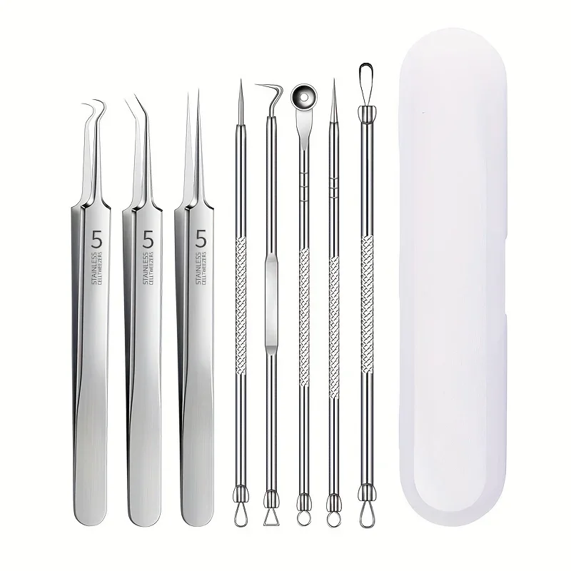 Ensemble d'outils d'élimination des points noirs en acier inoxydable, pince à points noirs, pincettes, dissolvant de points noirs du visage de beauté, outil d'aiguille d'acné 8 pièces