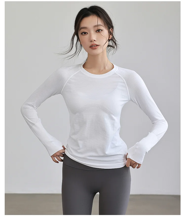 Women's Autumn & Winter Yoga Comprehensive Training Top High-Elastic Slim Crew Neck Quick-Dry Sports Long-Sleeve Fitness Clothes