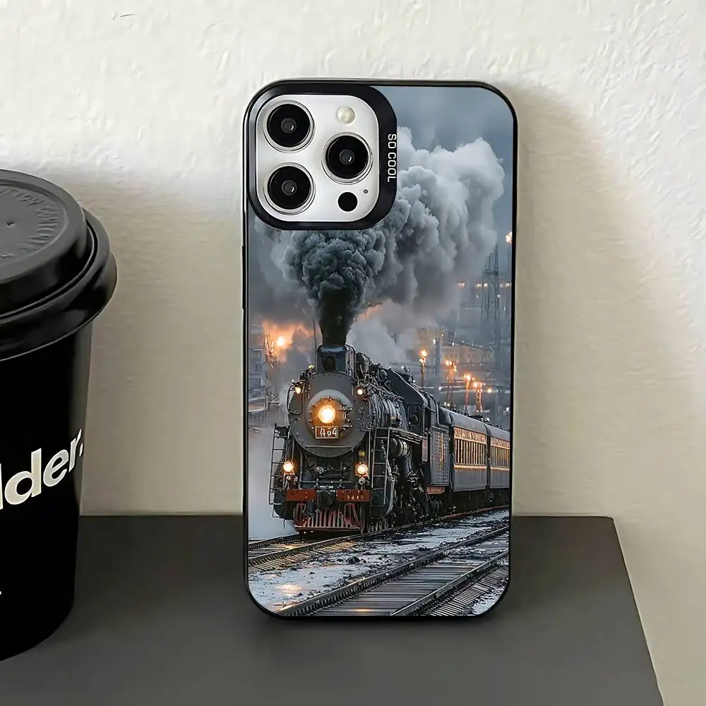 حافظة هاتف كلاسيكية على شكل قطار بخاري لهاتف آيفون 17,16,15,14,13,12,11,Pro,Max,Plus,E,Air,Mini غطاء من البولي يوريثان الأسود