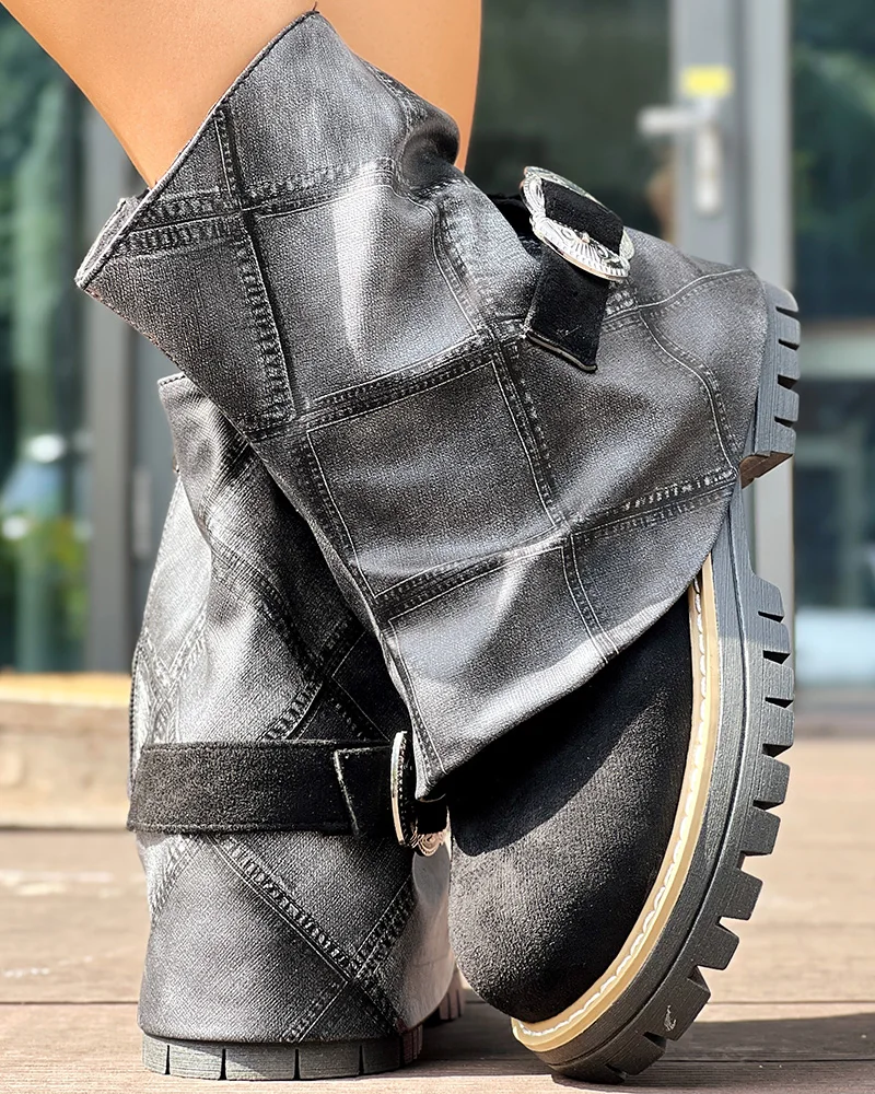 Argyle Print Denim Fold Over Ankle Boots Round Toe Buckle Jeans Boots