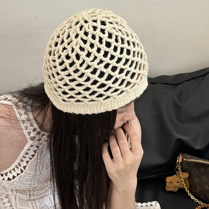 Korean Spring and Autumn Mesh Hollow Knitted Hat Hand-woven Ins Simple Solid Color Breathable Short Brim Sleeve Skull Beanie Cap