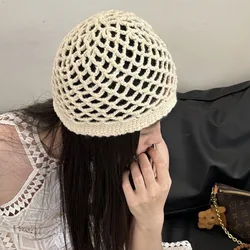 Korean Spring and Autumn Mesh Hollow Knitted Hat Hand-woven Ins Simple Solid Color Breathable Short Brim Sleeve Skull Beanie Cap