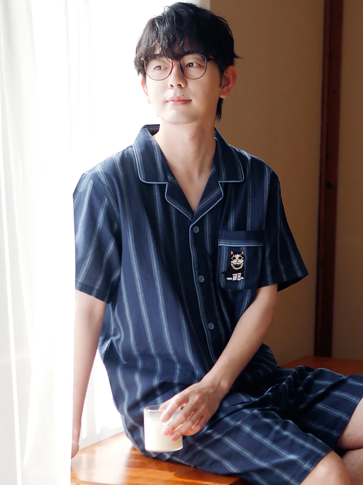 

Summer couple style men pure cotton gauze short sleeved shorts pajamas simple comfortable striped high-end casual home suit set