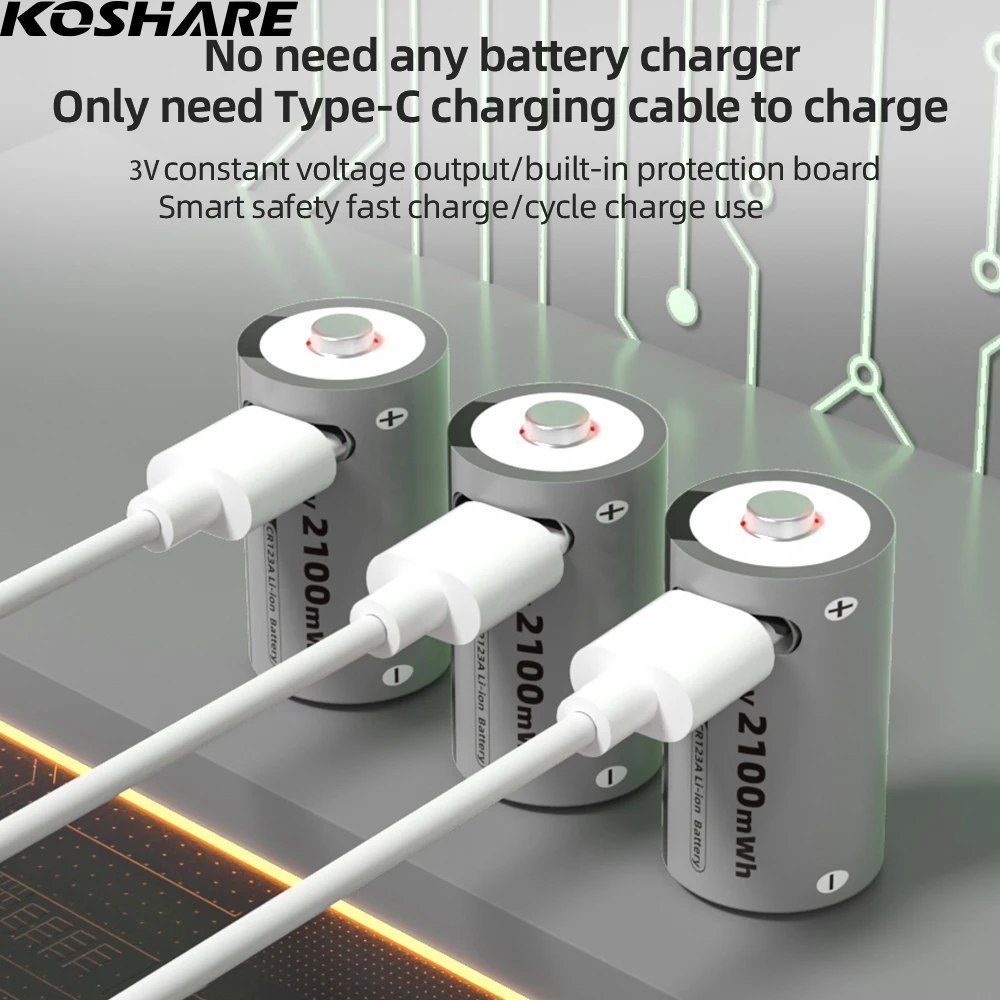

KOSHARE CR123A 3V 2100mWh Li-ion Rechargeable Batteries CR123A 2100mWh Lithium Battery For Clocks Mice Computers+Type-C Cable