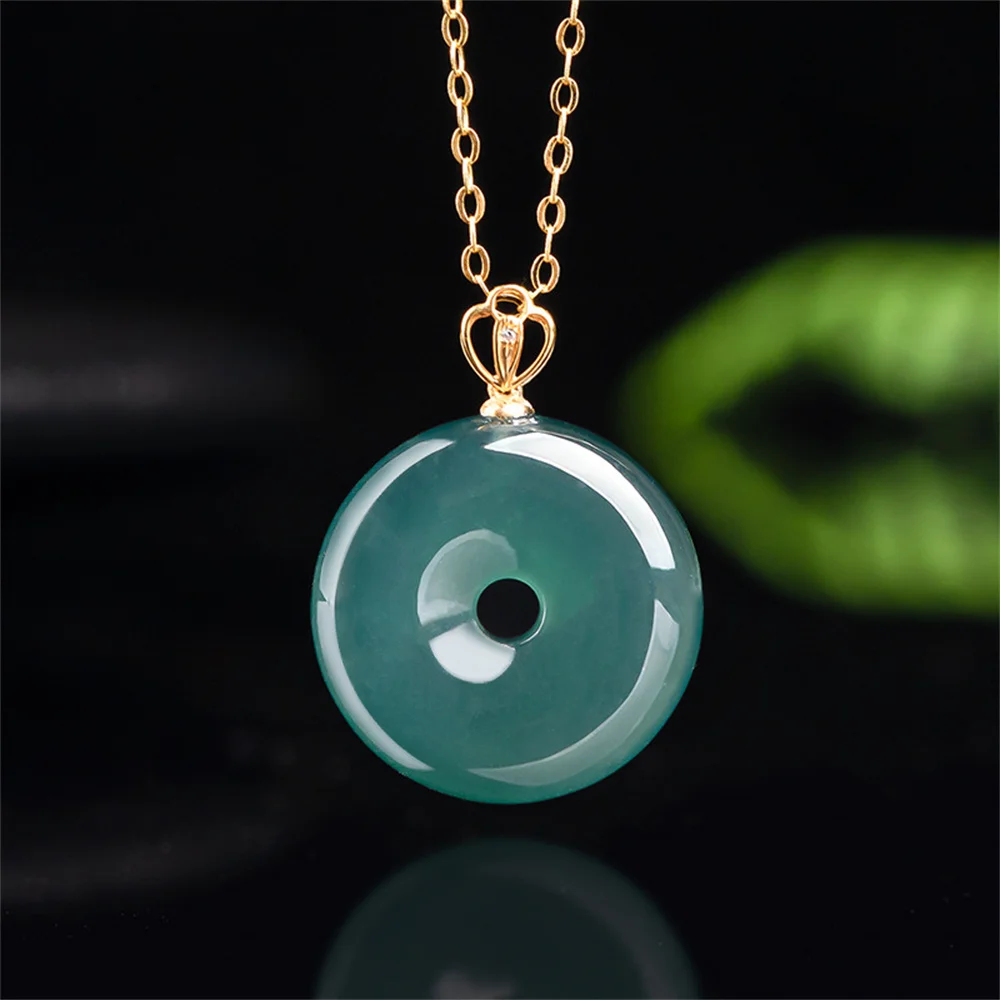 Charming 18K Gold Natural Ice Green Jadeite Round Harmony Buckle Pendant Amulet Necklace Certified Trendy Woman's Gift Jewelry