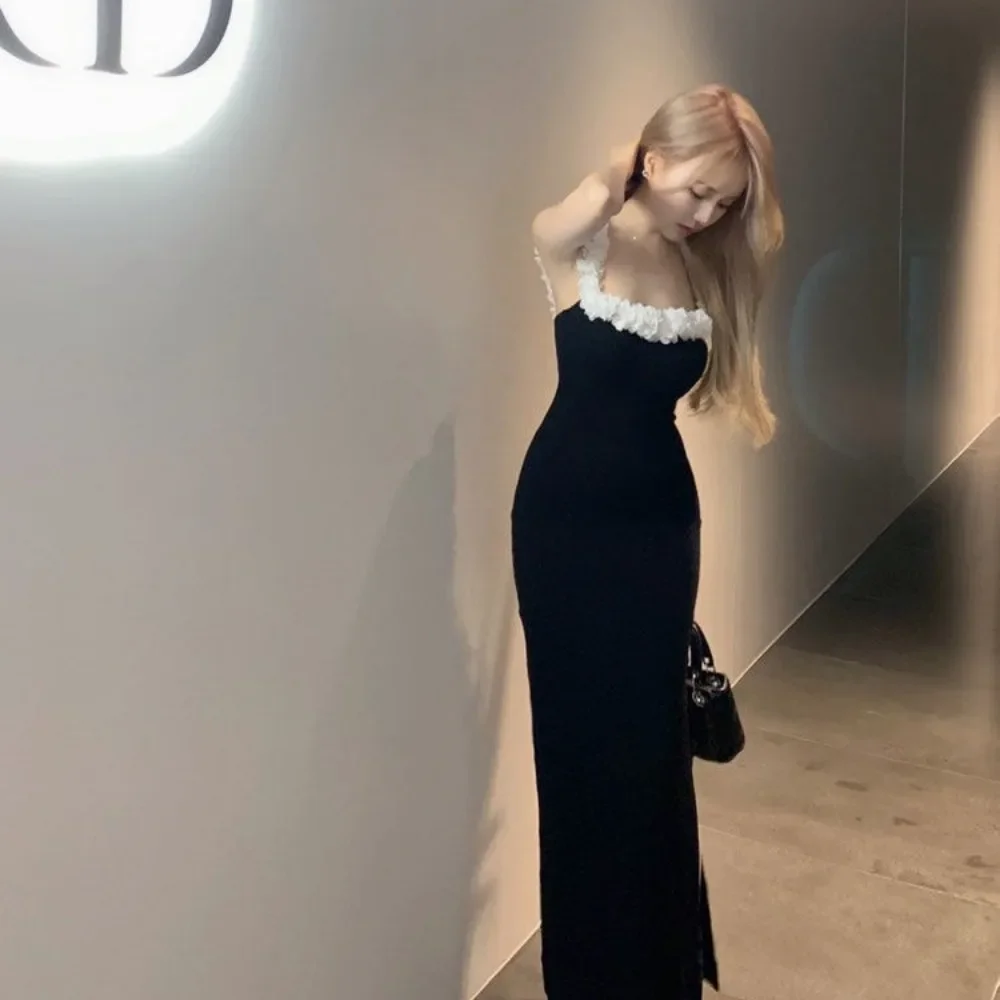 Side-slit Women Dresses Backless College Bodysuit French Chic Ins Elegant Aesthetic Creativity Spliced Square Collar Streetwear